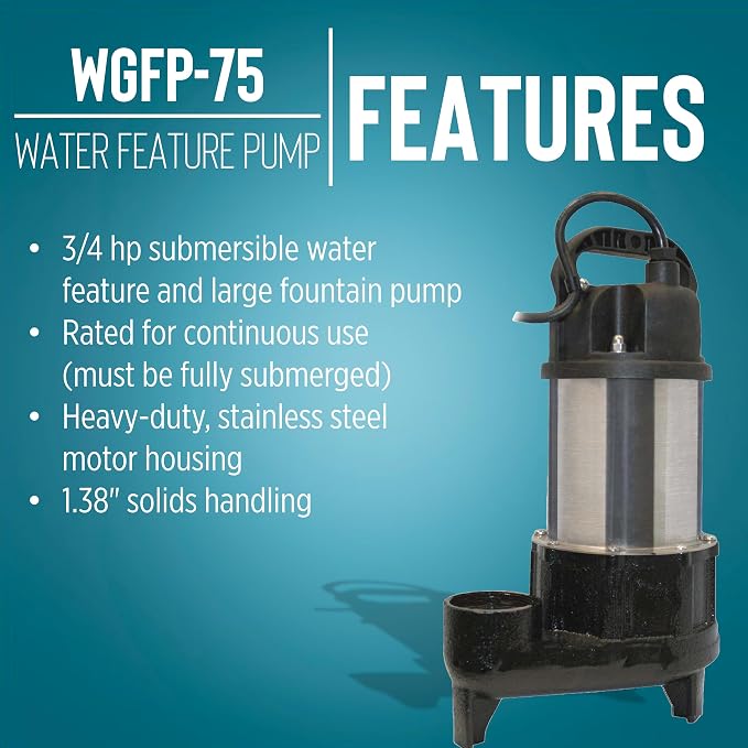 Little Giant WGFP-75, 115V, 3/4 HP, 4890 GPH Water Feature Pump, 19' cord | Stainless steel and cast iron body for powering water features, fountains, and pond filtration systems, 566069