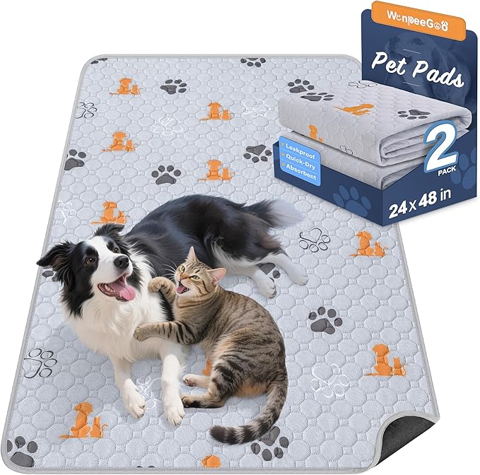 WanpeeGoo Washable Pee Pads for Dogs, 2 Pack Absorbent Reusable Training Dog Pads Pet Puppy Pads, Non-Slip Potty Pads for Whelping, Playpen, Crate, Bed, Orange, 24"x48"