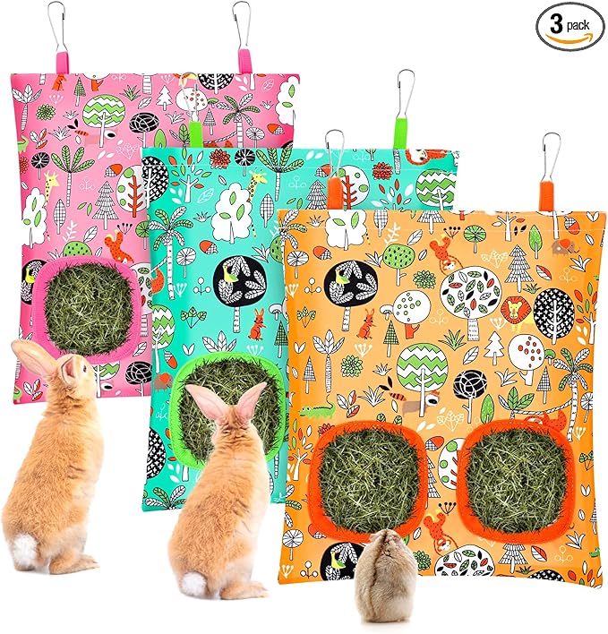 UPINS 3 Hay Bag for Rabbits 2-Hole Hanging Hay Feeder Guinea Pig Hay Bags, Hay Feeder for Chinchillas Rabbits Hamsters Small Pets and Animals(Forest Color System)