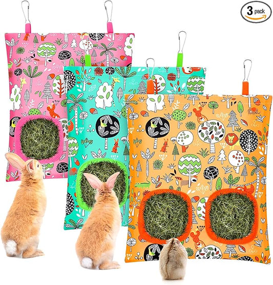 UPINS 3 Hay Bag for Rabbits 2-Hole Hanging Hay Feeder Guinea Pig Hay Bags, Hay Feeder for Chinchillas Rabbits Hamsters Small Pets and Animals(Forest Color System)