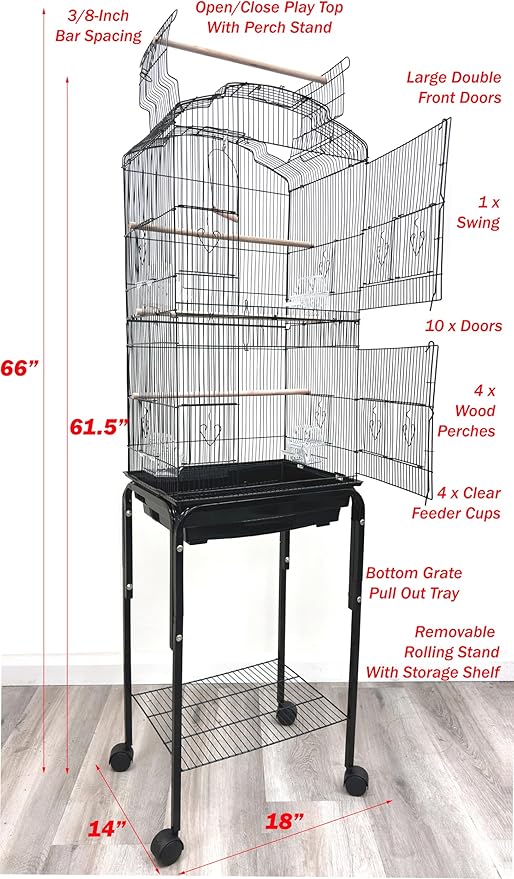Portable Bird Cage for Quaker Indian Ring Neck Small Parrots Cockatiels Sun Parakeets Green Cheek Conures Finches Canary Budgies Lovebirds Parrotlets with Removable Rolling Stand