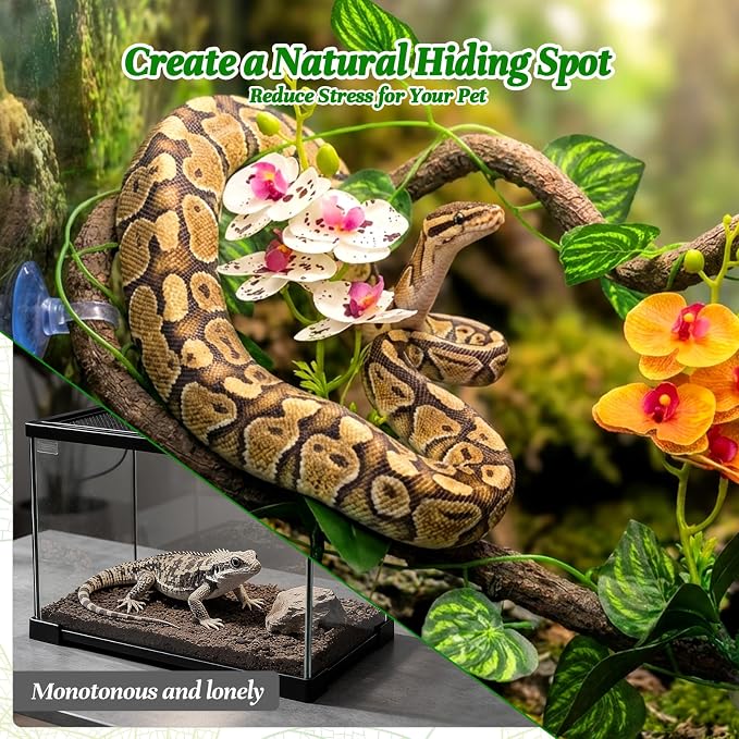 5 Pcs Reptile Plants & Habitat Decor Kit - 3 Artificial Phalaenopsis Orchid & Large 5ft Jungle Vine Branch, Terrarium Tank Decor & Climbing Accessories for Crested Gecko, Bearded Dragon