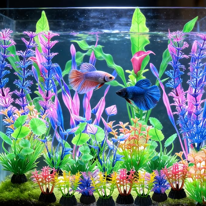 Aquarium Decorations Plants - 24pcs Colorful Artificial Aquariums Plant Decorations Plastic Aquatic Accessories Kit for Fish Tank Decor Betta Goldfish Turtle