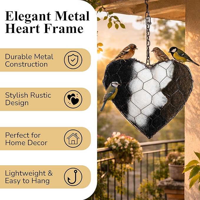 VELNORA Alpaca Fiber Nesting Heart – Hanging Natural Material for Outdoor Garden Birds, Safe & Cozy Habitat