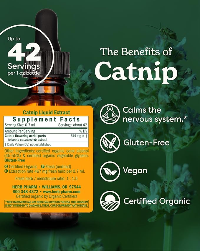 Herb Pharm Catnip Liquid Herbal Extract: Calming Nervous System Support | Vegan Organic Catnip Tincture | Herbal Support for the Nervous System | Non-GMO, Gluten-Free, Up to ~3 Week Supply, 1 oz*