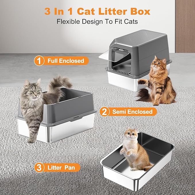 Extra Large Stainless Steel Cat Litter Box Enclosed with Lid - 24" x 16" x 17" Metal Cat Litter Box XXL, Front Entry High Side Kitty Litterbox with Scoop & Mat, Anti Leakage, No Sticky