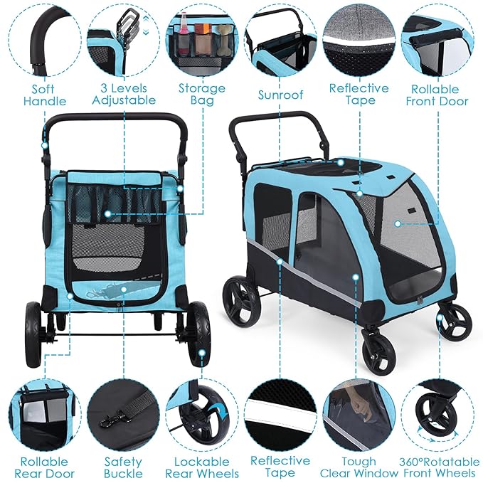 Saudism Dog Stroller for Large Dogs, Extra Large Pet Stroller for Medium Dogs, Dog Wagon Carriage, Foldable Design, Adjustable Handle, with Pocket, Up to 130 lbs, Blue