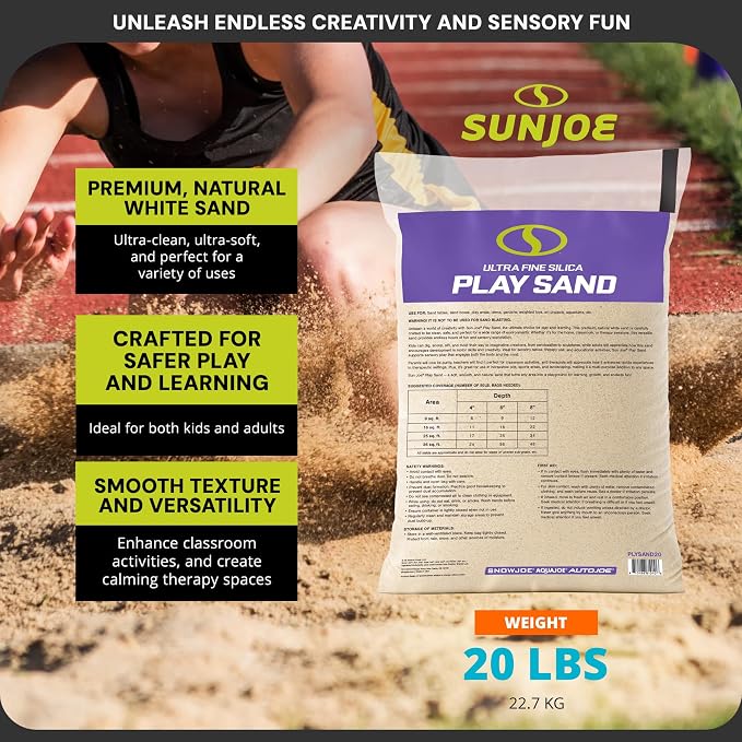 Sun Joe 3 Pack Silica Play Sand for Sandbox, Sensory Table & Garden Spaces, Ultra Fine, 20 Lbs - Natural Craft Accessory for Molding, Digging & Sculpting - Ideal for Indoor and Outdoor Use