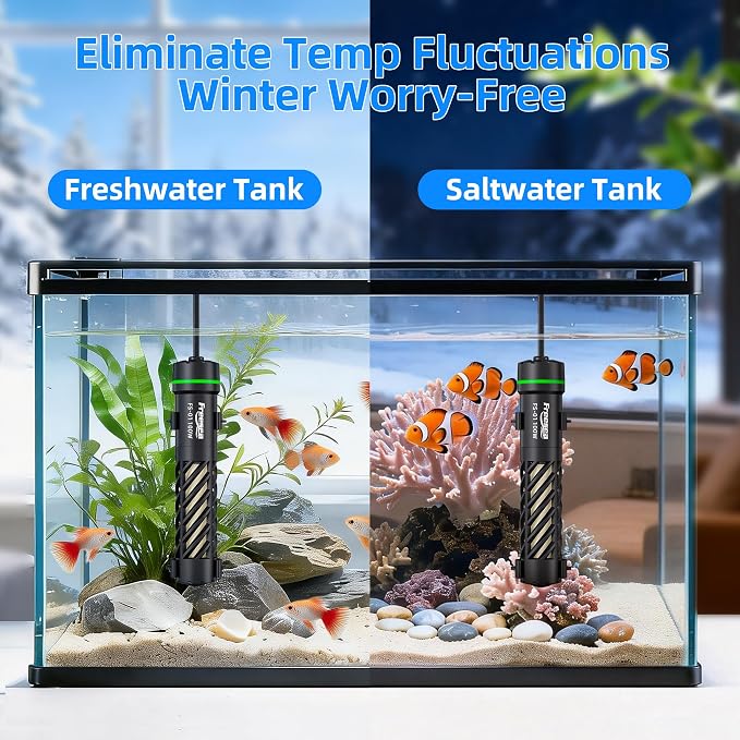 FREESEA Aquarium Heater for Fish Tank: Stable Temperature Maintains 78°F | 100W Worry-Free Heating via Dry Run Protection for 10-20 gal Betta Turtle & Saltwater Tank