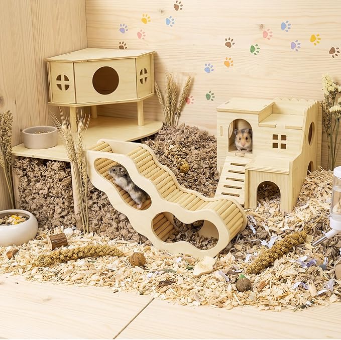BreezeHug 4 Pcs Hamster Platform Hideout Wooden Tunnel Ladder Playhouse Hamster Game Climbing Toy with Platform Cage Accessories for Pets Dwarf Syrian Mice Degus Gerbils Squirrel(Spy Villa)