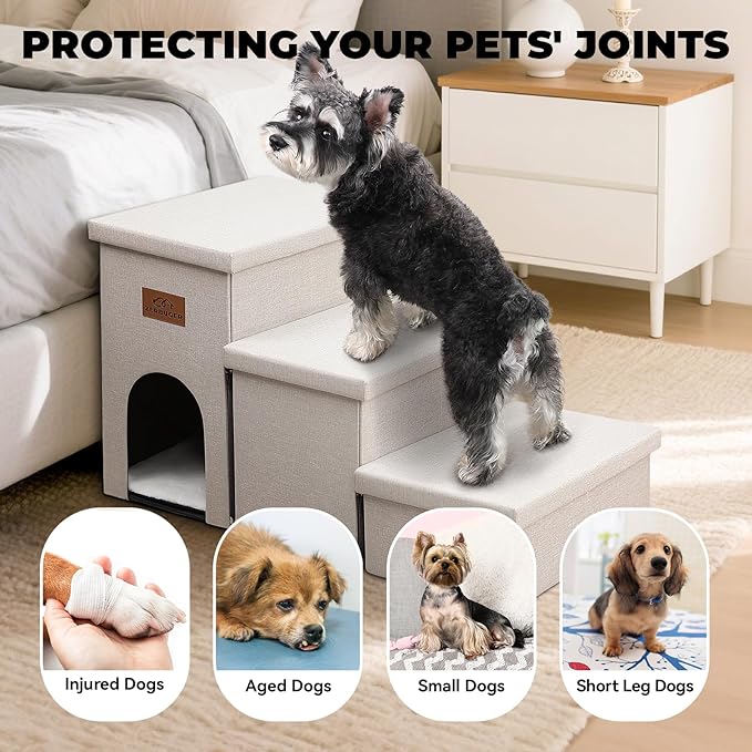 Zerbuger Dog Stairs with Condo 18" H, 3-Step Wider Dog Steps for High Beds Couch, Folding Storage Pet Stairs Gift for Small/Medium/Large Old Dogs Cats, Ramp for Climbing Car Up to 200 lbs, Beige