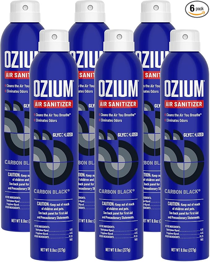Ozium Air Sanitizer Spray - Room Odor Eliminator for Home, Car, and Office - Carbon Black - 8 oz Can - 6 Pack
