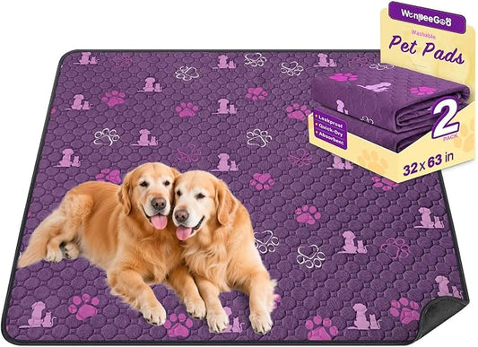 WanpeeGoo Washable Pee Pads, Puppy Pee Pad for Dogs, 2 Pack Absorbent Reusable Training Dog Pads Pet Puppy Pads, Non-Slip Potty Pads for Whelping, Crate, Bed, Purple 32"x63"