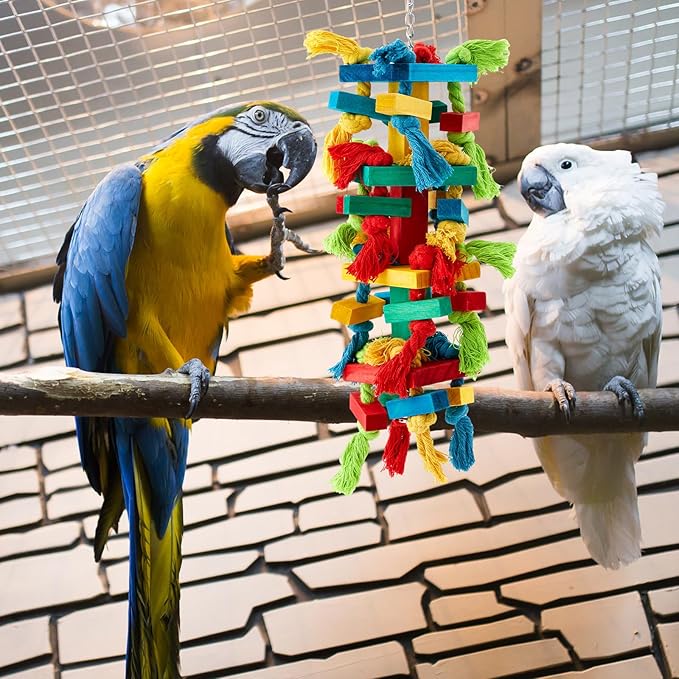 Seenelling 3 Pcs Extra Large Bird Parrot Toy Multicolored Natural Wooden Parrot Cage Chewing Toys for Large Medium Macaws Cockatoos African Grey Birds (Block and Ball)
