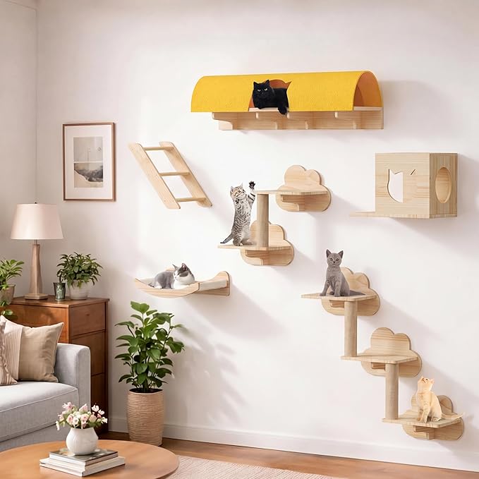 Cat Wall Shelves with Tunnel, 12-in-1 Solid Wood Wall Mounted Cat Furniture with Scratching Post, Cave & Steps, Multi-Level Cat Climbing Wall Systems, Space Saving, Floating Cat Shelves