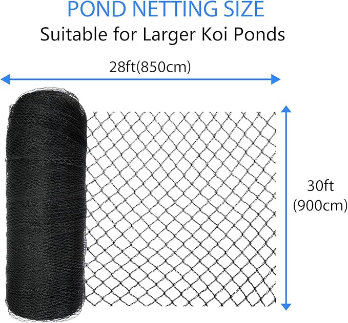 Koi Pond Netting Kit 28 x 30 FT, 3/8" Heavy Duty Woven Mesh Pond Net Cover for Leaves with 12 Stakes, HDPE Pool Netting Protecting Fish from Herons Birds Cats, Black