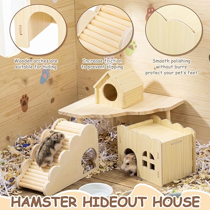 BreezeHug 4 Pcs Hamster Platform Hideout Wooden Tunnel Ladder Playhouse Hamster Game Climbing Toy with Platform Cage Accessories for Pets Dwarf Syrian Mice Degus Gerbils Squirrel(Wave House)