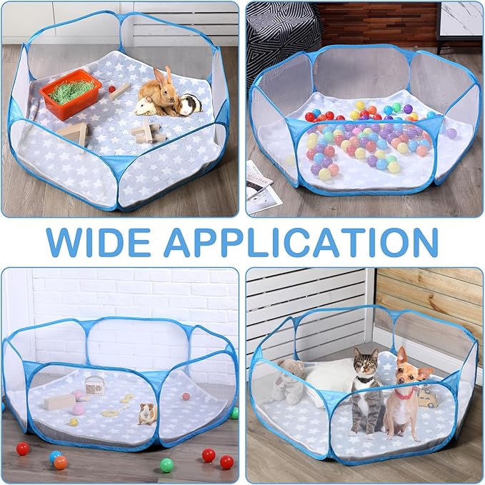 VitalCozy Hamster Playpen with Mat Small Animal Cage Tent Breathable Transparent Guinea Pig Playpen Waterproof Portable Yard Fence Mat Foldable Exercise Playpen Outdoor Indoor (Blue,Star)