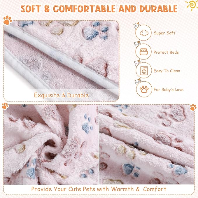 Tatuo 4 Pack Fleece Dog Blankets for Puppy Cats Multi-Size Sleep Mat for Pet Guinea Pig Soft Washable Warm Crate Bed Puppy Teething Toys Print Pattern Blanket Indoor(Beige,41 x 30 Inch,Paw)