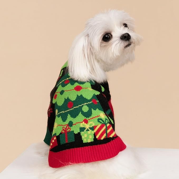 Fitwarm Christmas Tree Dog Sweater, Thermal Dog Winter Clothes for Small Dogs Boy Girl, Cozy Dog Christmas Outfit, Doggy Pullover Jumper, Holiday Pet Apparel, Black, Red, Green, Yellow, XL