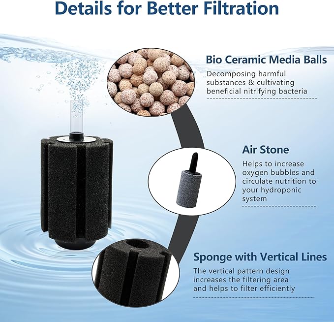 10-50Gal 2 Pack Aquarium Sponge Filter with Ceramic Media and Bubble Diffuser Ultra Quiet Fish Tank Filters fit Breeding Fry Betta Shrimp Fish Tank