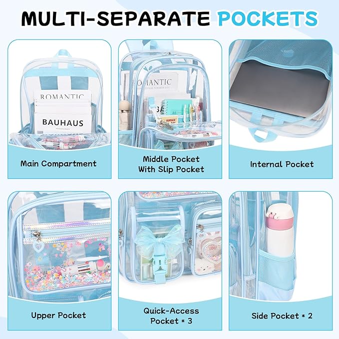 MOONBABY Clear Backpack for Girls, Clear Bookbag Heavy Duty Transparent Backpack for Stadium Events, See Through Back Pack for Kindergarten Elementary Middle High School, Blue