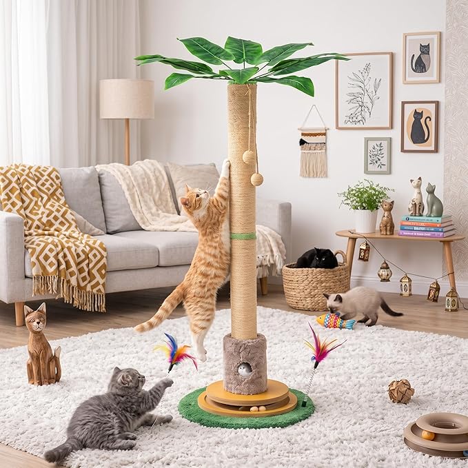 Nuanchu 45in Tall Cat Scratching Post for Indoor Cats Adults, Scratcher Tree Tower with Sisal Rope, Large Cats Scratching Posts with Hanging Ball for Kittens and Medium Large Pet