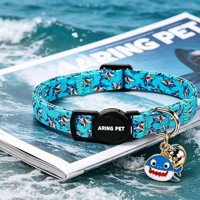 ARING PET 2 Pack Cat Collars with Bell, Cute Soft Cotton Kitten Kitty Breakaway Summer Cat Collars for Boy Girl Cats-Blue Shark & Ice Cream