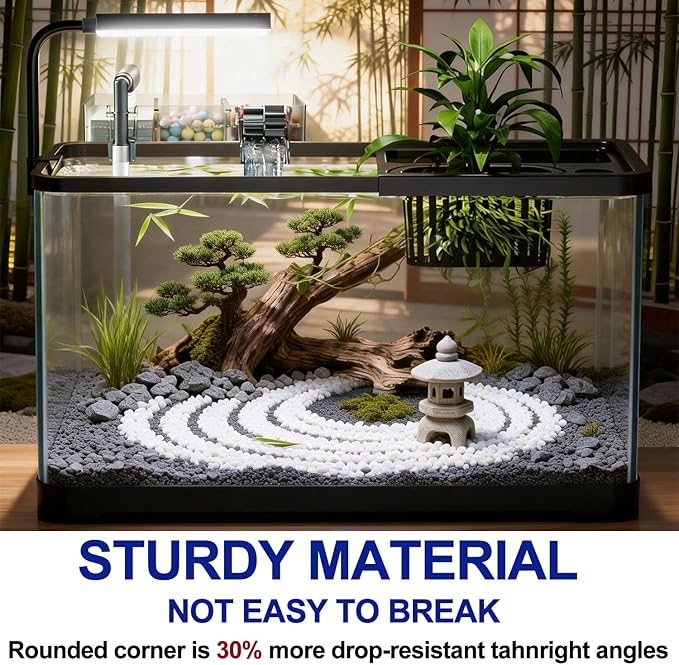 5 Gallon Fish Tank, Aquarium Plastic Starter Kit with Filter, led Light, sponge, and filter ball, Fish Tank for Betta, Plastic Nano Aquarium with Lid(18.5*7.87*8.07 inch / Black) (5 Gallon Fish Tank)