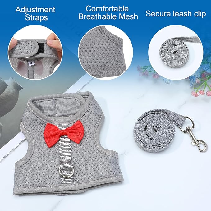 Rabbit Harness and Leash Set,Bunny Leash for Walking Escape Proof,Bunny Clothes with Cute Bow Mesh Breathable Adjustable Vest Rabbit Harness Camping Hiking Training for Ferret Kitten Puppy (Grey M)