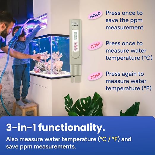 Water Quality Tester, Portable Digital TDS Meter (0-9990 ppm) for Drinking Water, Aquariums, Pools, Spas, Hydroponics & Filtered Water with LCD Display & Thermometer