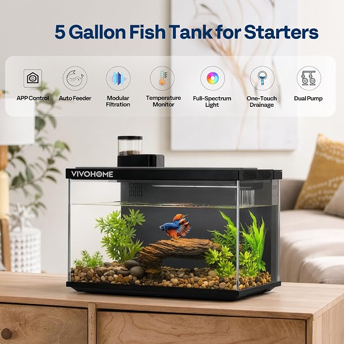 VIVOHOME 5 Gallon Smart Fish Tank with APP Control and Auto Feeder | Aquarium Starter Kit with Filter and Pump, Temperature Display, RGB LED Light, Self Cleaning Betta Fish Tank for Desktop