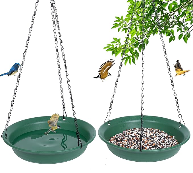 VUWEZ Hanging Bird Feeder & BirdBath for Outdoors, Wild Bird Feeders Tray, Hanging Birdbaths Trays for Outside, Cardinal, Blue Jay, Crow, Birdfeeders Outside (12", 1 Pcs with Hole & 1 Pcs No Hole)