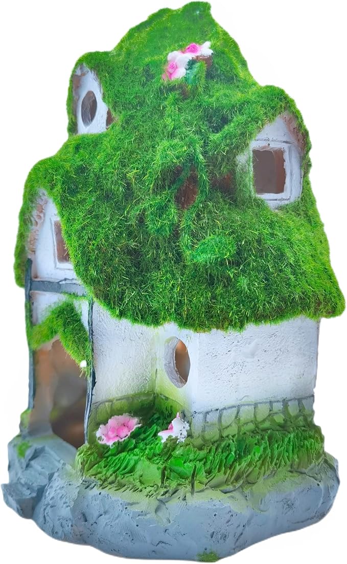 M2cbridge Aquarium Decorations Fish Hideout House Betta Cave Landscape Garden Decoration with Green Lifelike Moss (Garden Shed)