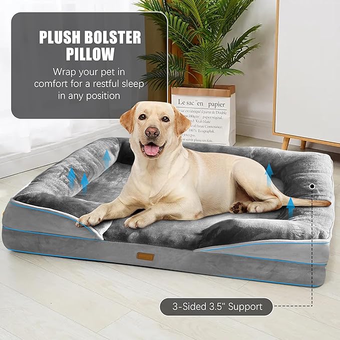 Spotted Play Orthopedic Dog Bed with Sides - Dog Sofa Beds for Extra Large Dogs, Supportive Foam Pet Couch Bed with Washable Removable Cover, Waterproof Lining and Non-Slip Bottom, Grey - XL