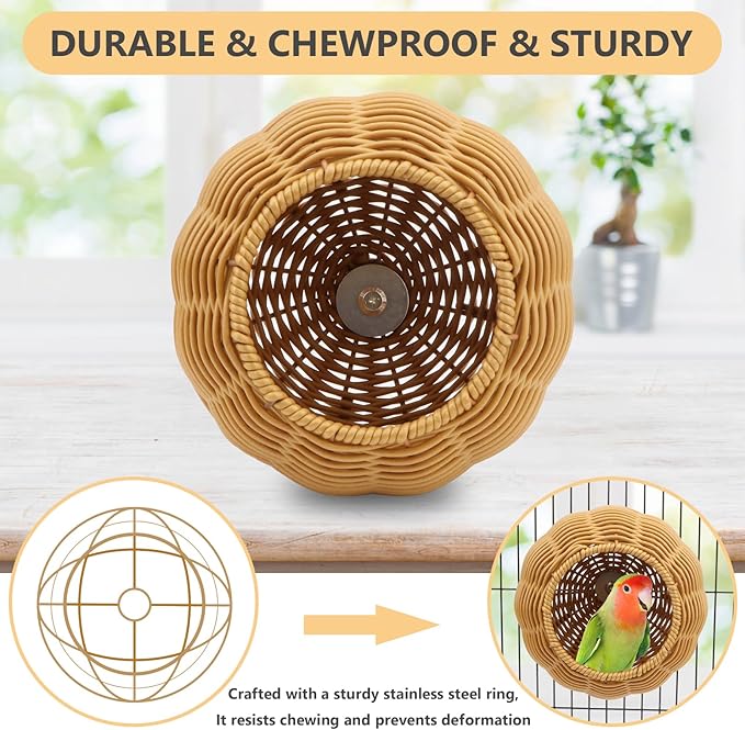 Hypeety Rattan Steel Frame Bird Nest for Cage Chewproof Parakeet Nest House Small Bird Bed Hammock with Removable Soft Plush Cushion for Small Parrots Budgies Canaries Cockatiels Finches Lovebirds
