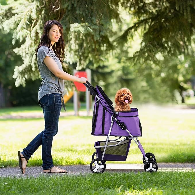 ZENY Foldable Pet Stroller, Cat/Dog Stroller with 4 Wheel, Pet Travel Carrier Strolling Cart with Storage Basket, Cup Holder (Purple)