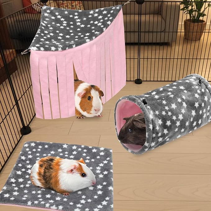 Guinea Pig Hideout, 3 Pack Soft Fleece Small Animal Tunnel Tube & Mat & Corner Hideout Cage Accessories for Guinea Pigs, Rabbit, Ferret, Chinchilla, Hedgehogs