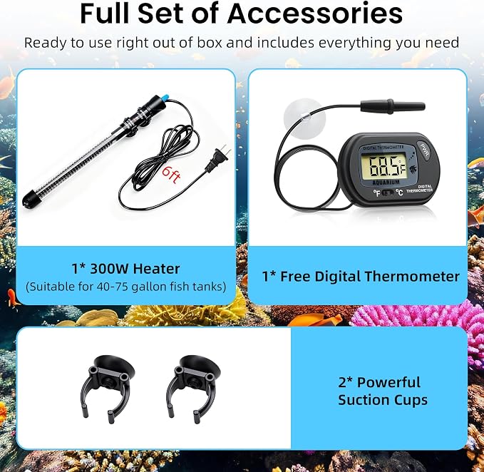Aquarium Heater 300W Submersible Water Thermostat Fish Tank Heater Adjustable Temperature with Digital Thermometer for 40-75 Gallon Tanks