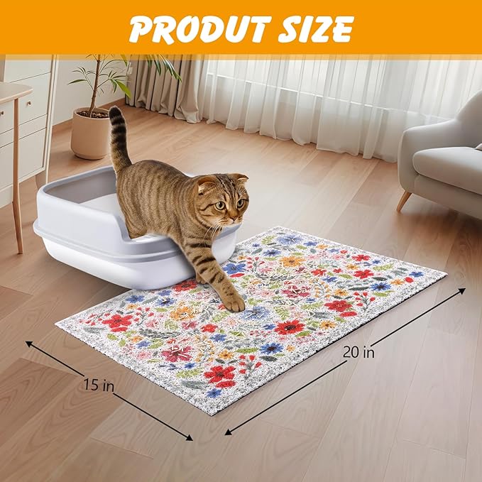 Cat Litter Mat, 20x15 in Litters Box Mat Waterproof Non-slip Easy to Clean Washable Trapping Mat for Kitty(White Leaves)