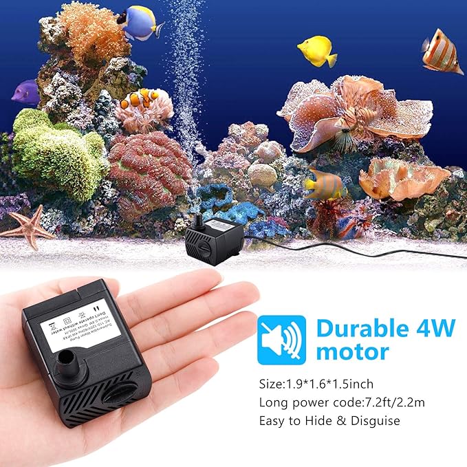CWKJ Fountain Pump, 80GPH(4W 300L/H) Submersible Water Pump, Durable Outdoor Fountain Water Pump with 7.2ft（2.2m） Power Cord, 3 Nozzles for Aquarium, Pond, Fish Tank, Water Pump Hydroponics, Fountain