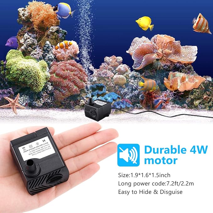 CWKJ Fountain Pump, 2 Packs 80GPH(4W 300L/H) Submersible Water Pump, Durable Outdoor Fountain Water Pump with 7.2ft（2.2m） Power Cord, 3 Nozzles for Aquarium, Pond, Fish Tank, Water Fountain Pump