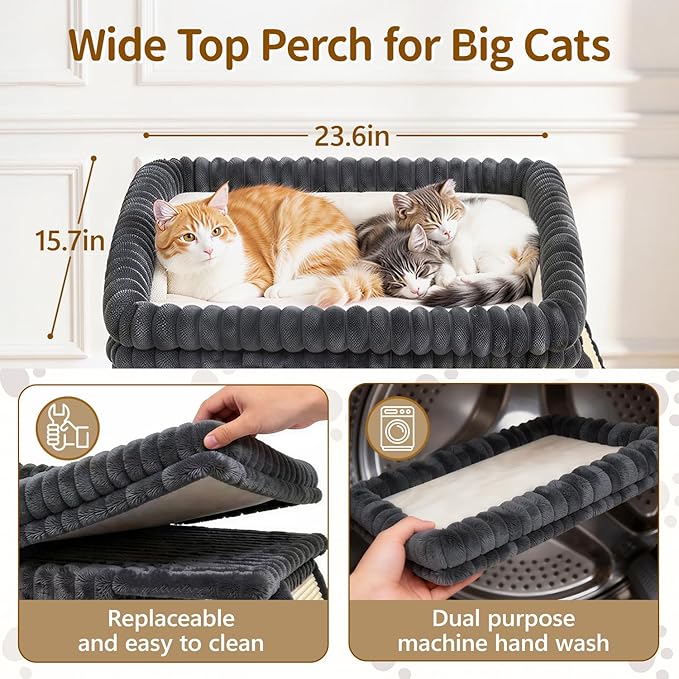 Cat Tree Tower Bed with Scratching Post for Indoor, Heavy Duty Small Stand House Condo for Large Cats & Kittens, Modern Sturdy Platform Perch Hideout Climb Rest Area, Dark Gray Striped Fabric