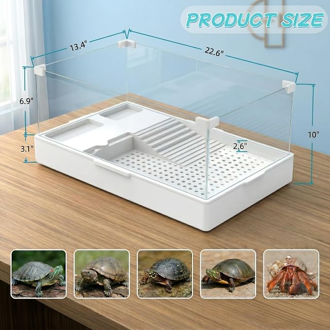 Large Turtle Tank with Water Pump | 23.6 Inch Clear Acrylic Aquarium Habitat with Basking Platform, Easy-Clean Design for Small Reptiles