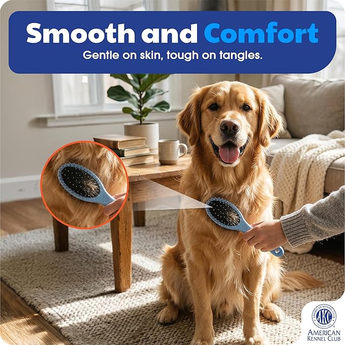 American Kennel Club AKC Pet Grooming Brush for Dogs and Cats - 2-in-1 Deshedding and Detangling Brush with Dense Nylon Bristles, Removes Loose Hair for Short and Long Coat Dogs and All Breeds