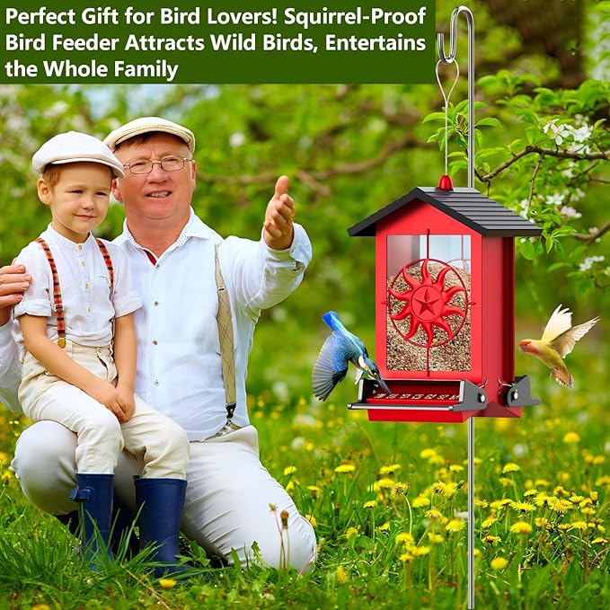Squirrel Proof Bird Feeders for Outdoors with Weight-Activated, 5LB Large Metal Wild Bird Feeders for Cardinals,Blue Jay,Finch, Weatherproof Durable Hanging Bird Feeder for Backyard,Garden (Red)