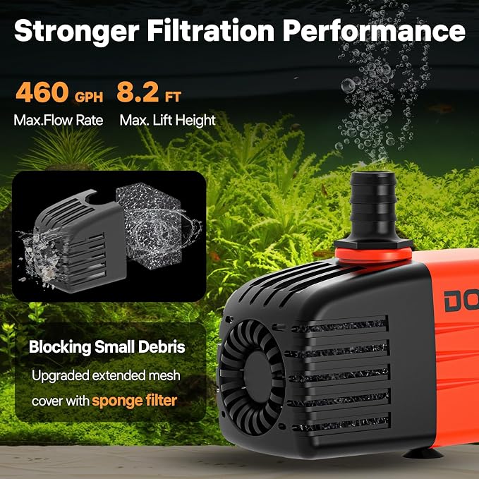 Doko Submersible Water Pump,460GPH Aquarium Water Pump with Extended Mesh Cover and Sponge,Ultra Quiet Pond Pump with 6Ft Power Cord for Fountains, Fish Tanks, Hydroponics, and Waterfalls