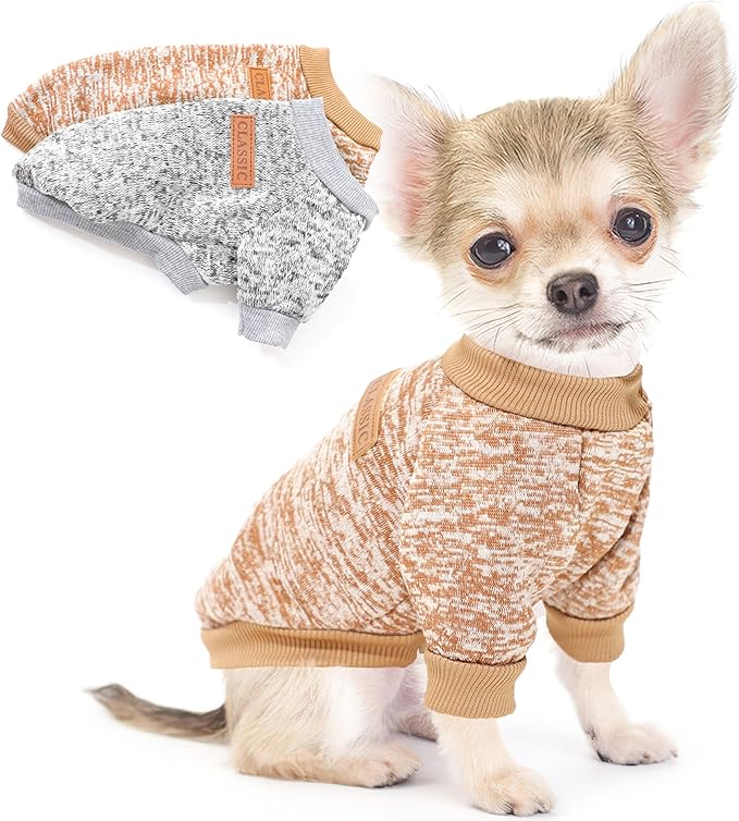 XL Dog Sweaters, 2 Pieces Fall Dog Sweater Small Medium Dog Clothes Male Female Winter Fleece Puppy Sweater Warm Pet Outfit for Bulldog, Dachshund, Pug, Chihuahua, Gery+Brown