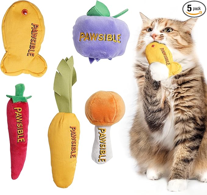 Pawsible 5 Pack Catnip Toys for Indoor Cats - 100% Organic Catnip Filled, No Cotton, Durable Teething Kicker Toys for Kittens, Food-Shaped Plush Chew Toys