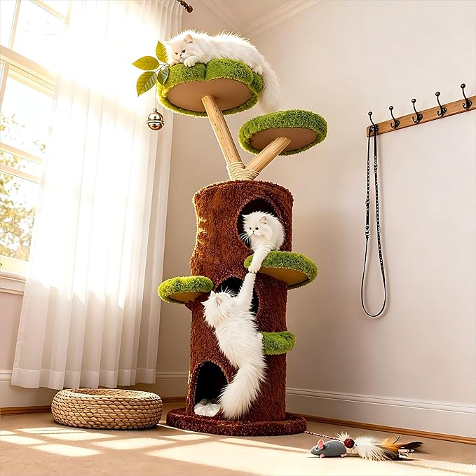 Modern Cat Tree Tower: 58Inch Tall Cat Tree for Large Cats with Multi Condos - Indoor Wood Cat Tree House Sturdy with Scratching Post